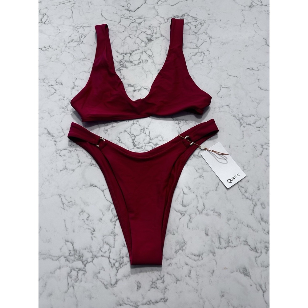 New Quince Cherry Red Italian Plunge Bikini Top & High-Leg Ring Bikini Bottom XS